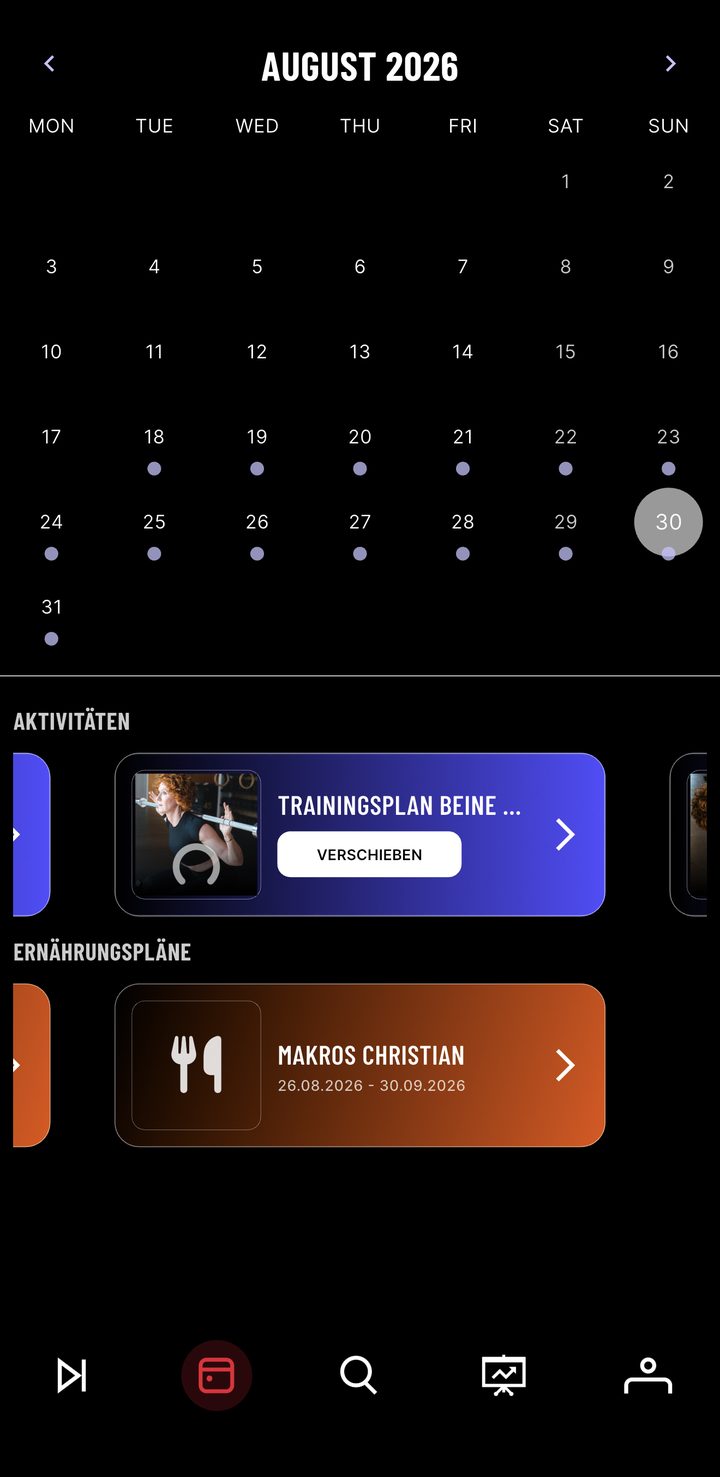 Kalenderansicht mit Trainings- und Ernährungsplan in Stellas Coaching-App