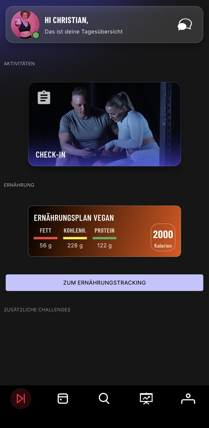 Tagesübersicht in Stellas Coaching-App mit Check-in-Aktivität und Ernährungsplan